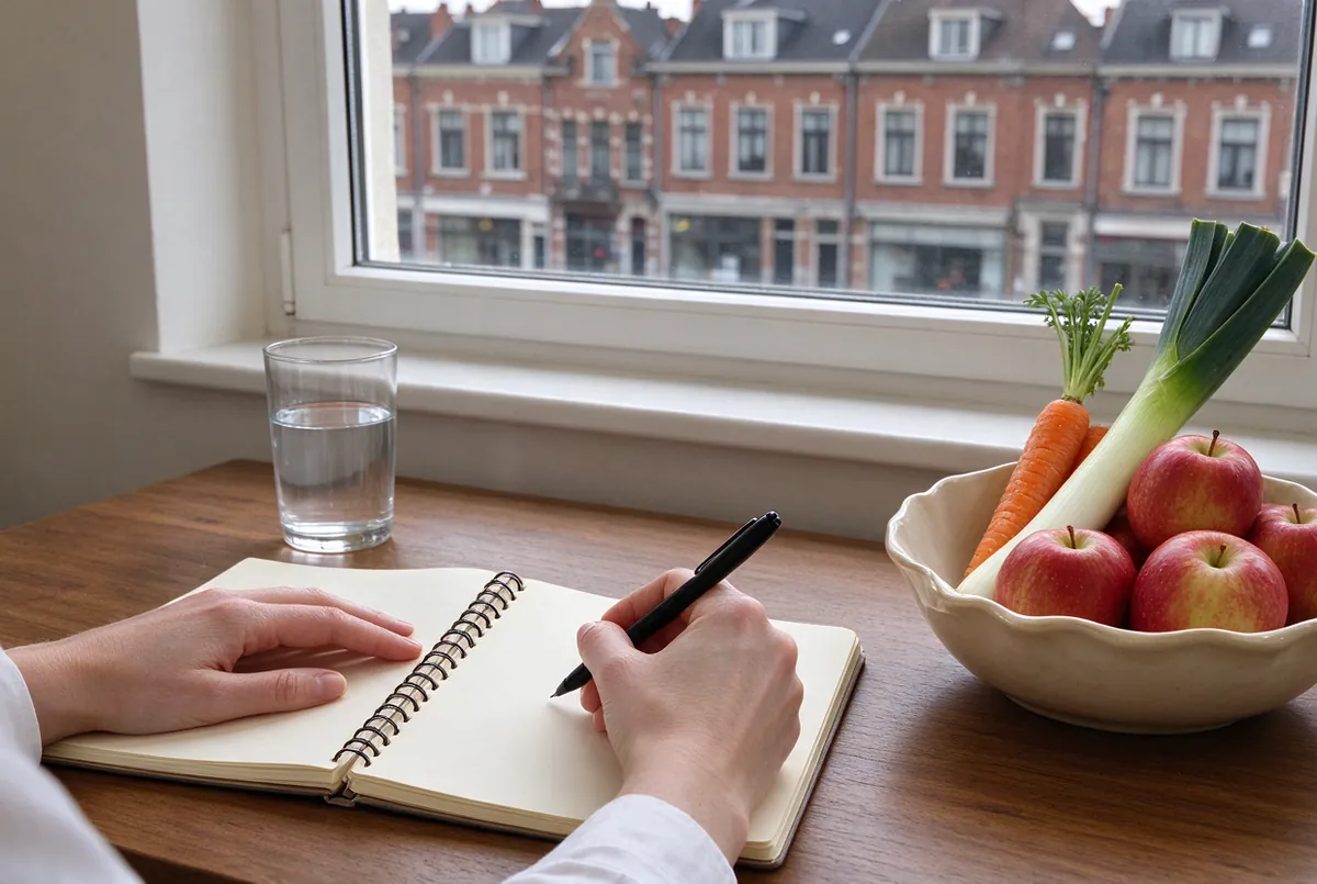 Consultatietafel met notitieboek en seizoensgroenten