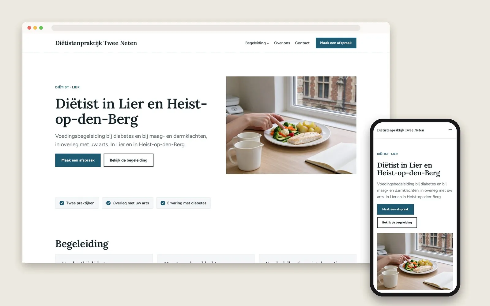 De website van Diëtistenpraktijk Twee Neten op computer en gsm