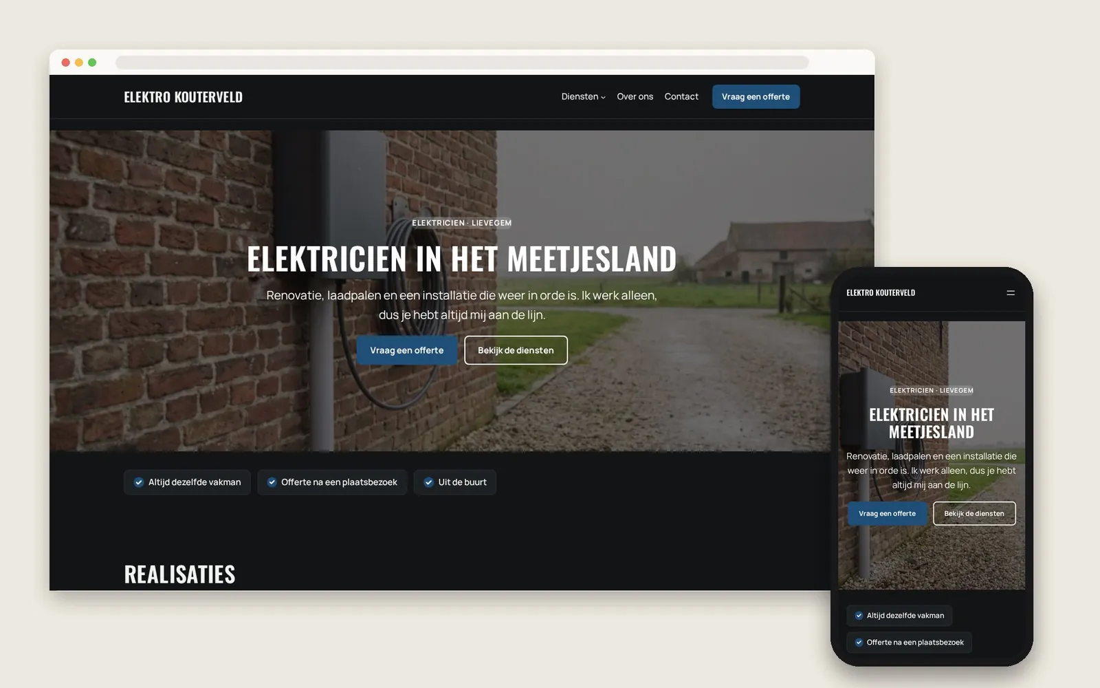 De website van Elektro Kouterveld op computer en gsm