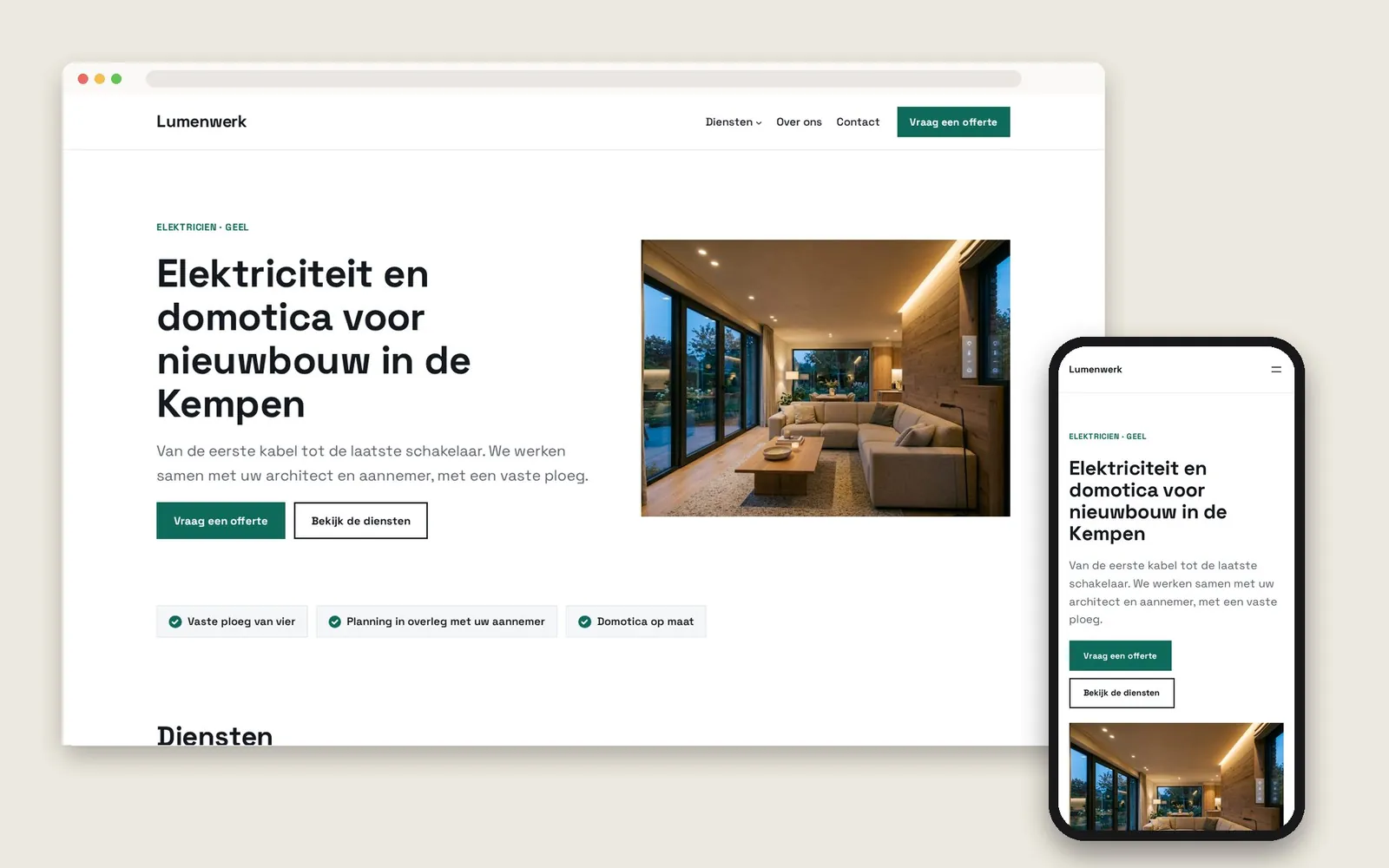 De website van Lumenwerk op computer en gsm