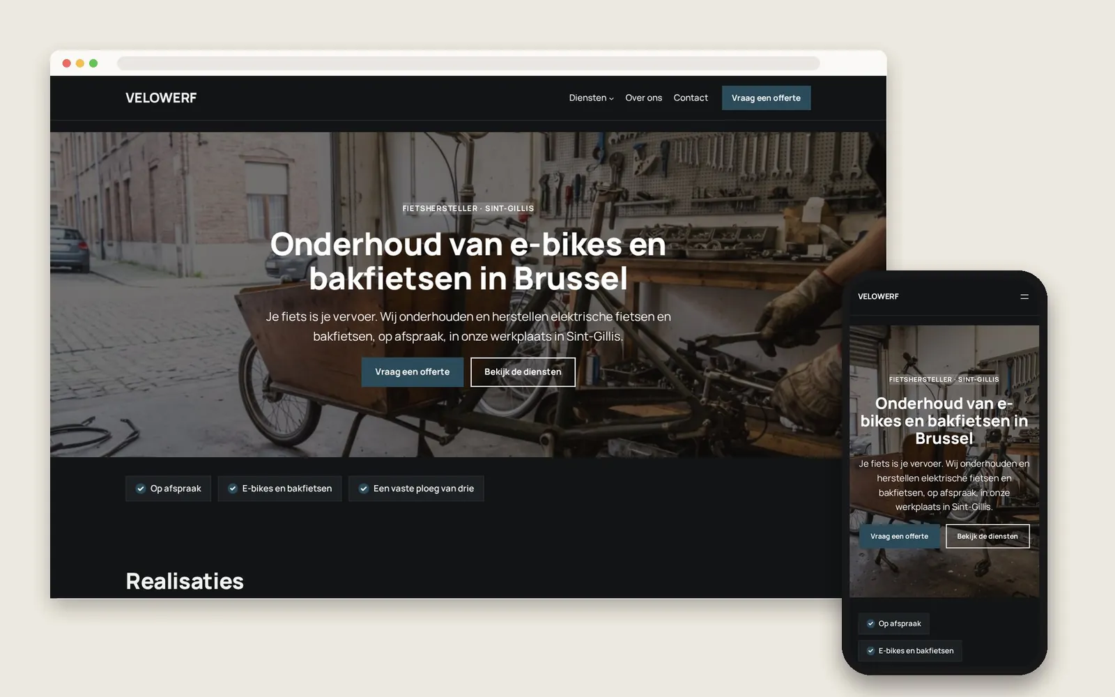 De website van Velowerf op computer en gsm