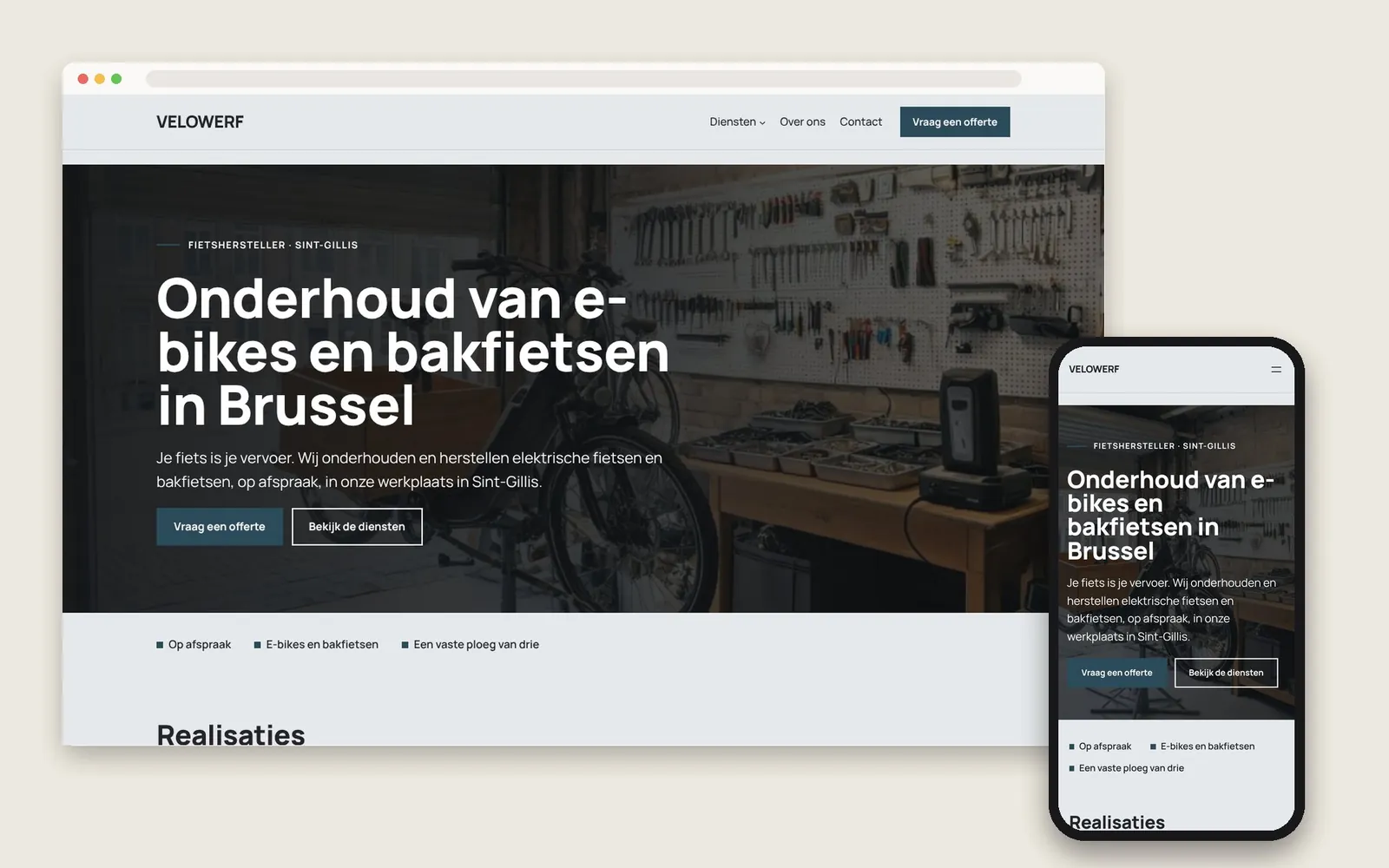De website van Velowerf op computer en gsm