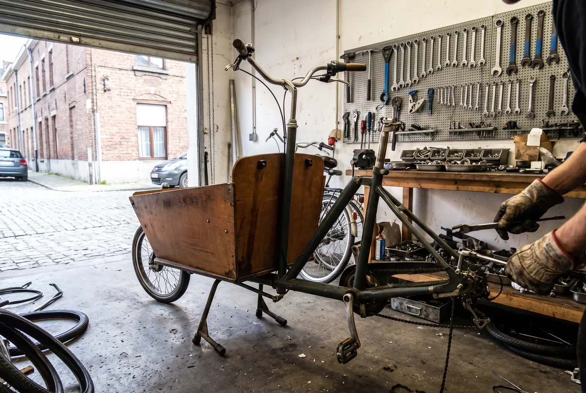 Bakfiets op de herstelstandaard in een werkplaats