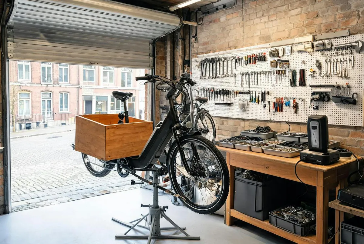 Bakfiets op de herstelstandaard in een werkplaats