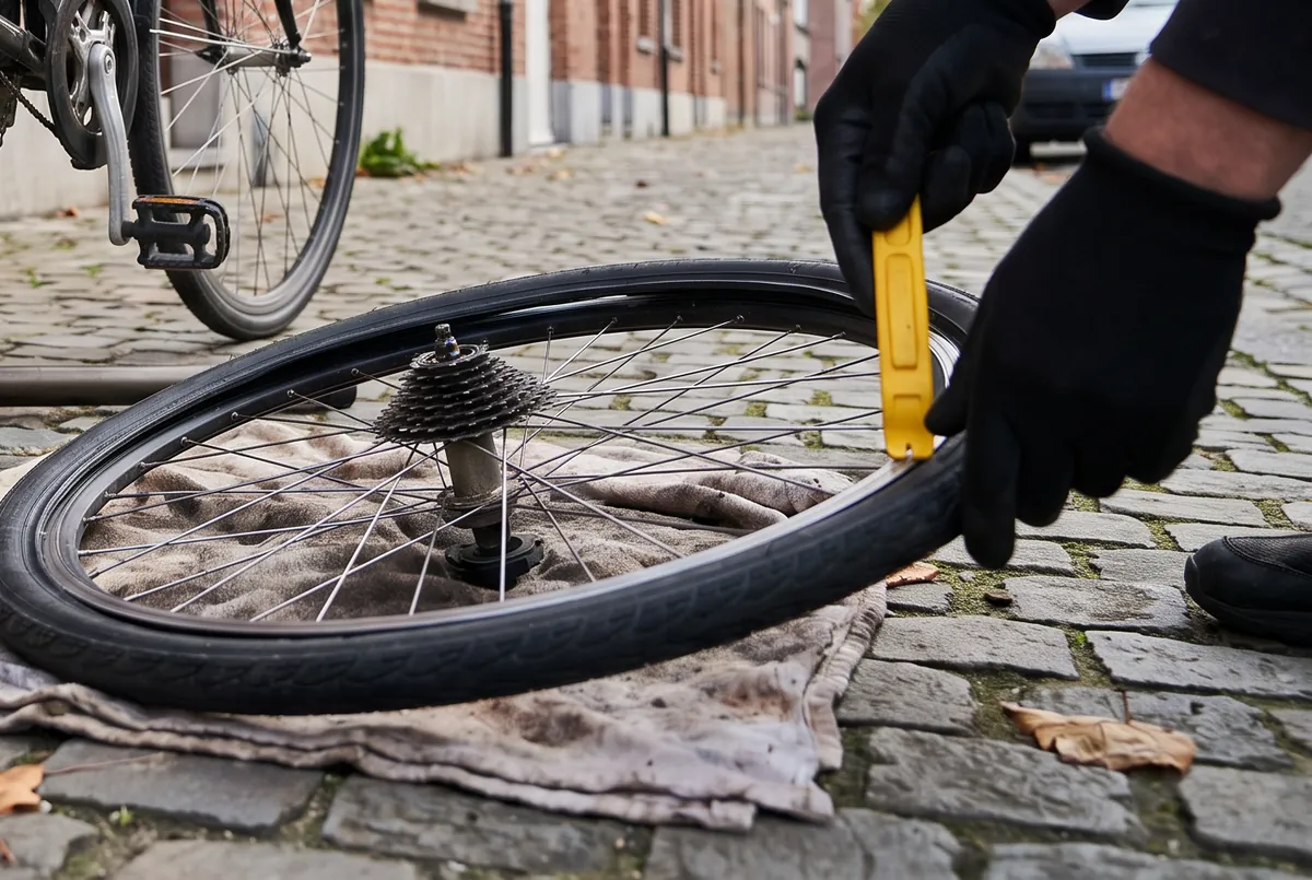 Een achterwiel krijgt een nieuwe band, op de stoep voor een rijwoning