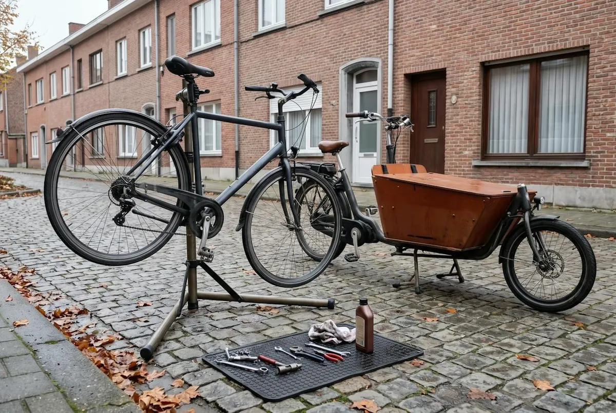 Een achterwiel krijgt een nieuwe band, op de stoep voor een rijwoning