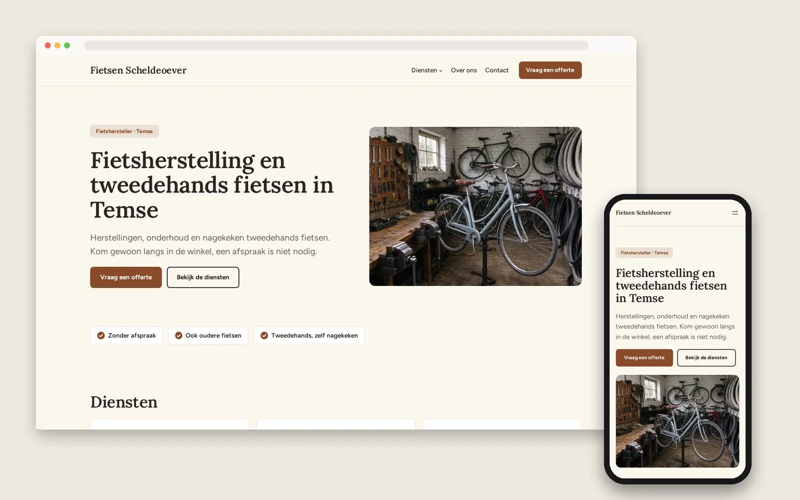 De website van Fietsen Scheldeoever op computer en gsm