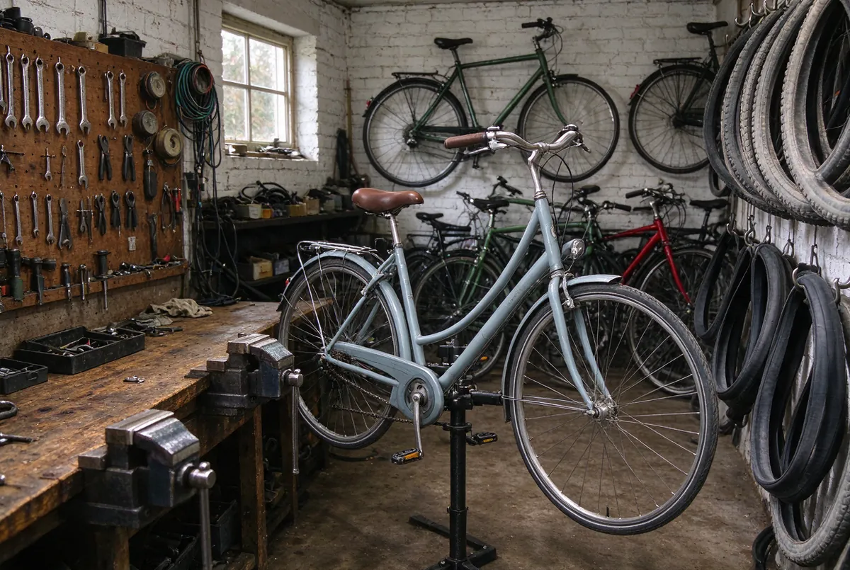 Werkplaats achter een kleine fietsenwinkel