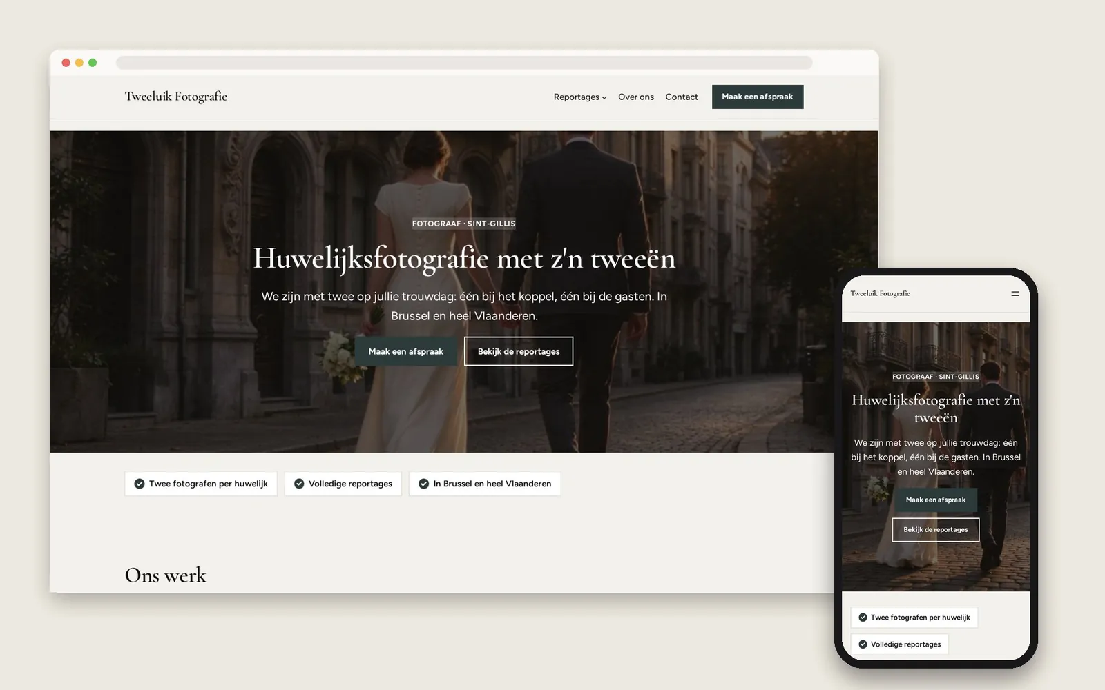 De website van Tweeluik Fotografie op computer en gsm