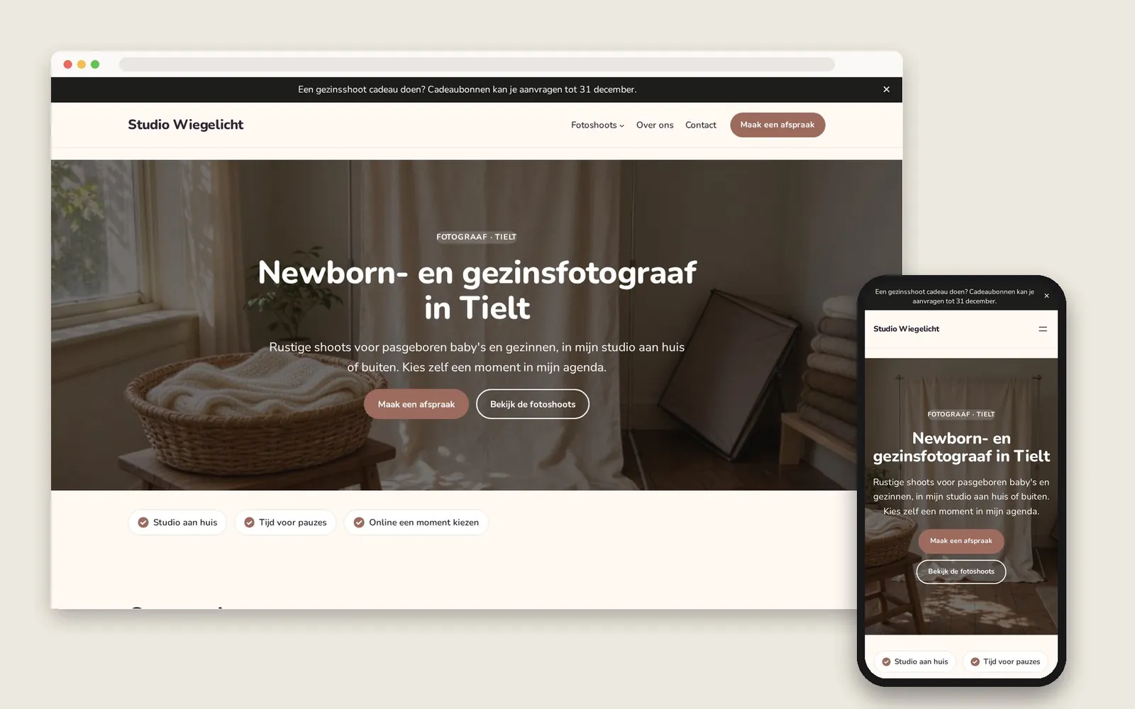 De website van Studio Wiegelicht op computer en gsm