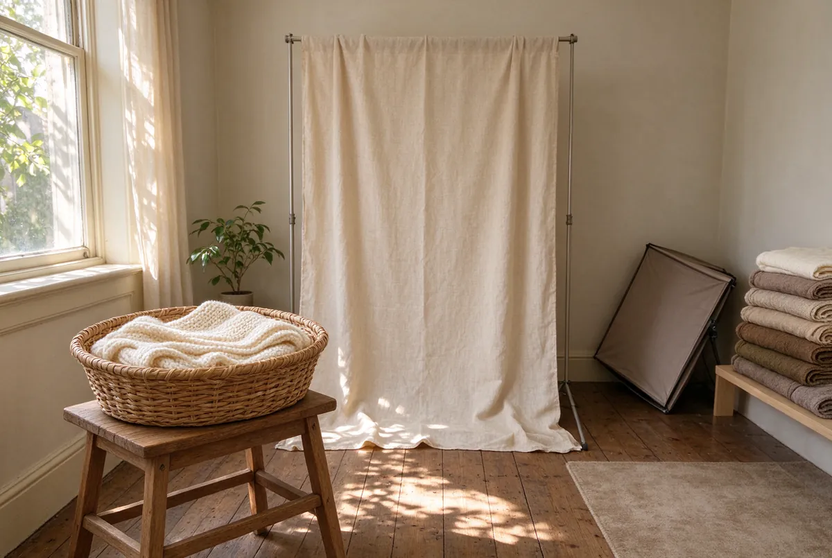 Studio aan huis met een mand en zachte dekens bij het raam