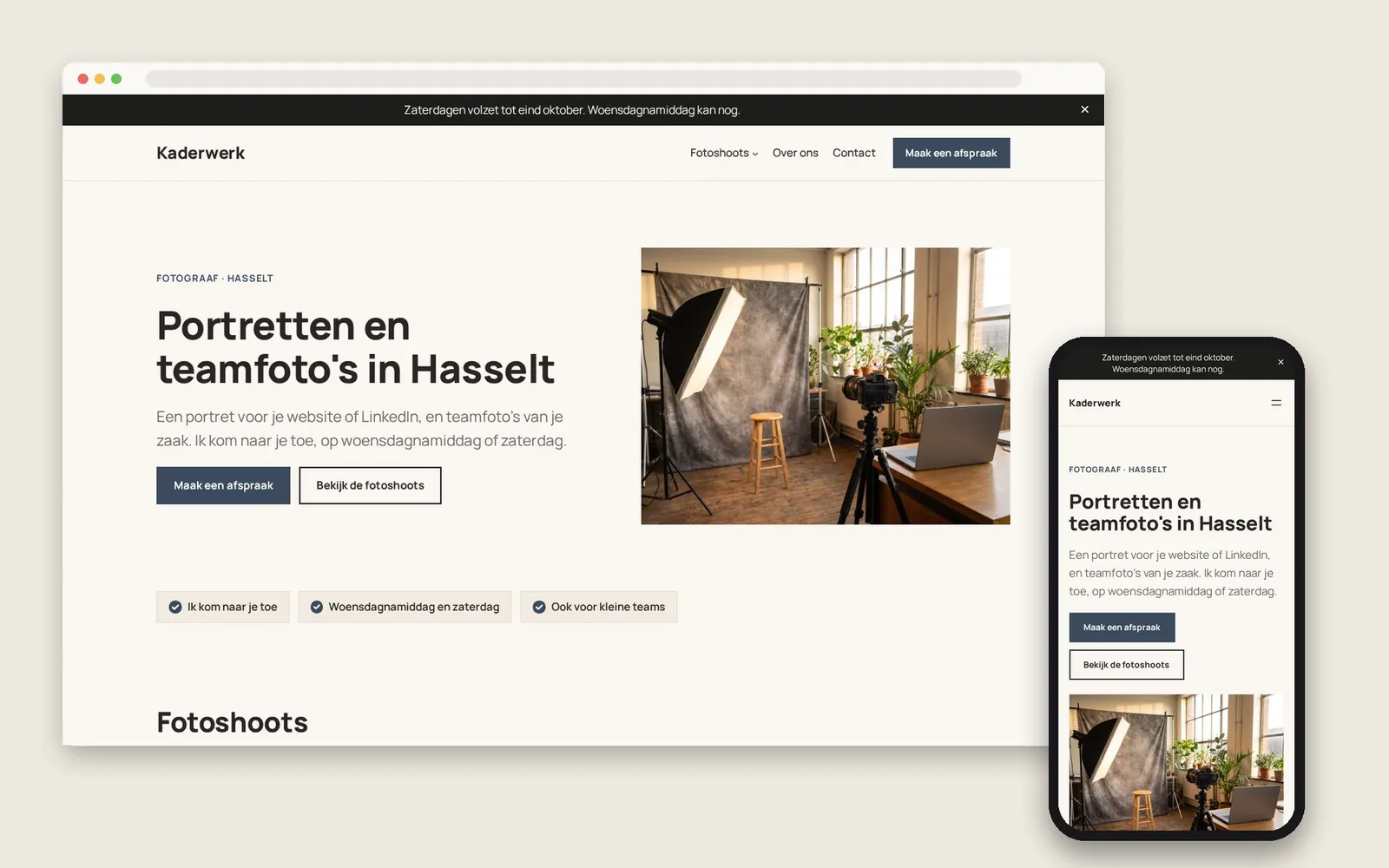 De website van Kaderwerk op computer en gsm