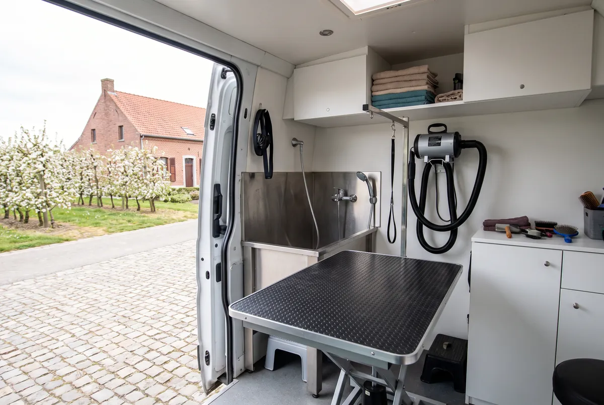 Binnenkant van een trimwagen met trimtafel en badje