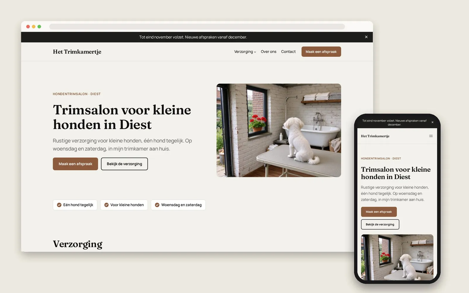 De website van Het Trimkamertje op computer en gsm