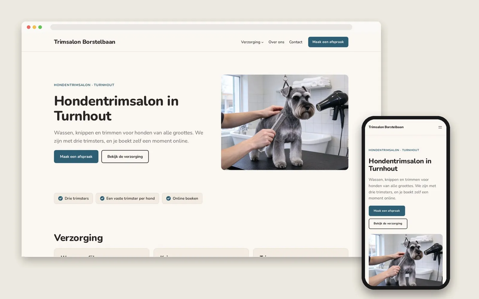 De website van Trimsalon Borstelbaan op computer en gsm