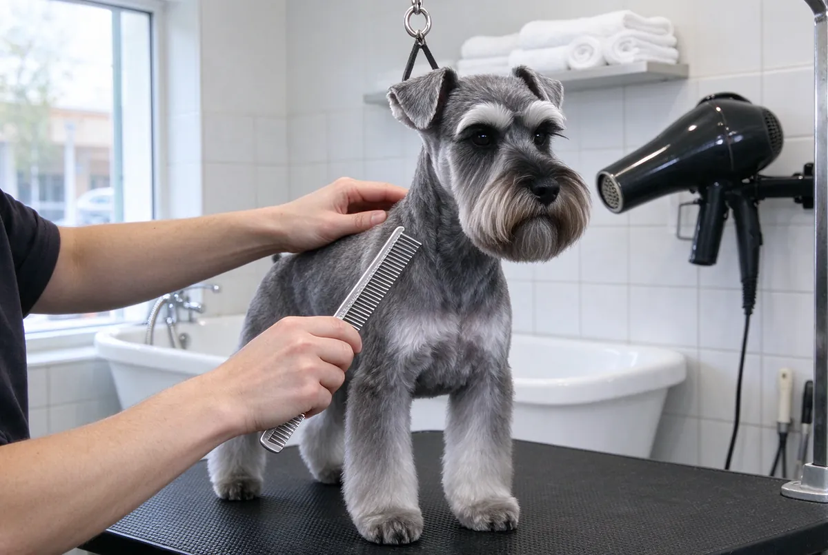 Getrimde schnauzer op een trimtafel