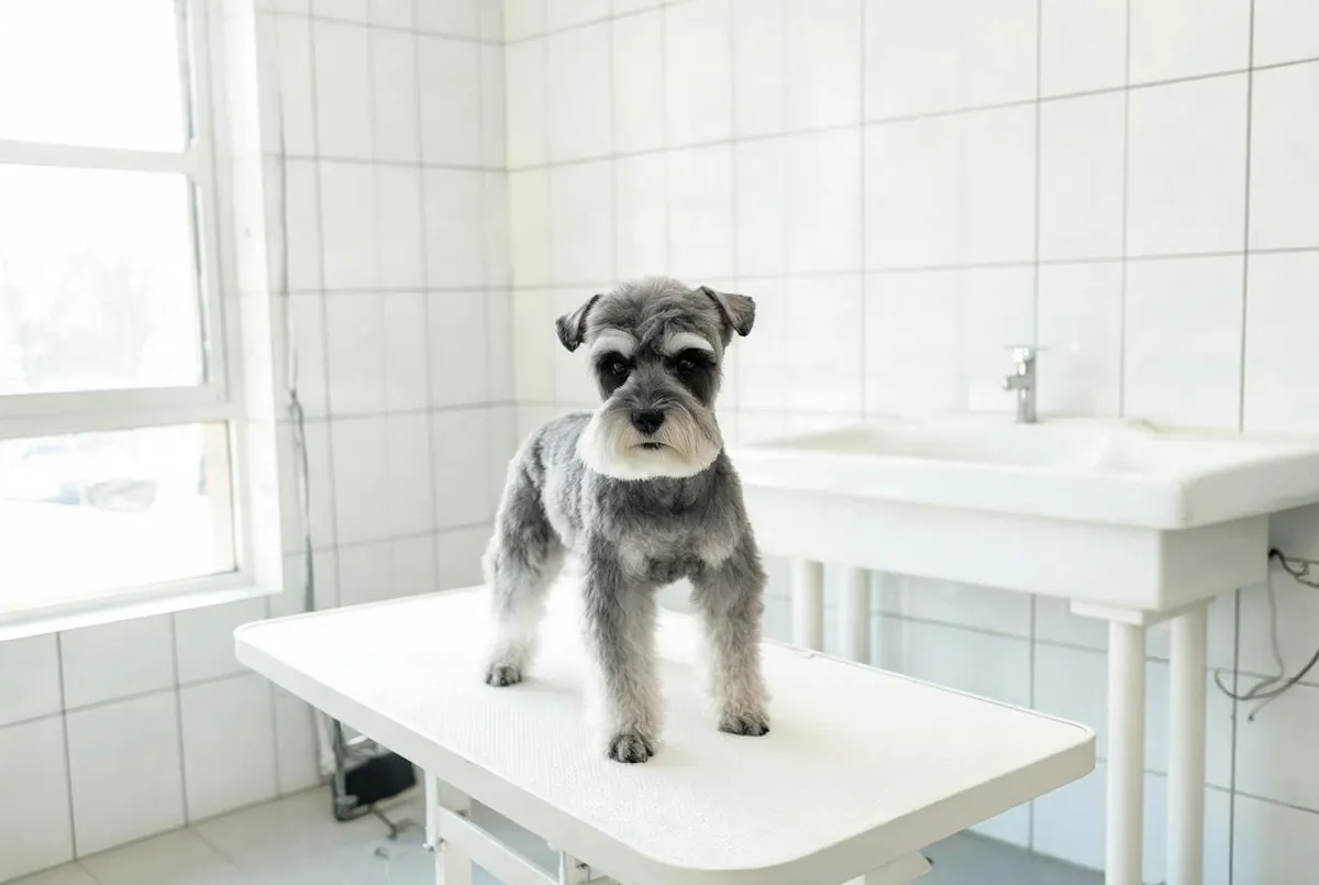 Getrimde schnauzer op een trimtafel