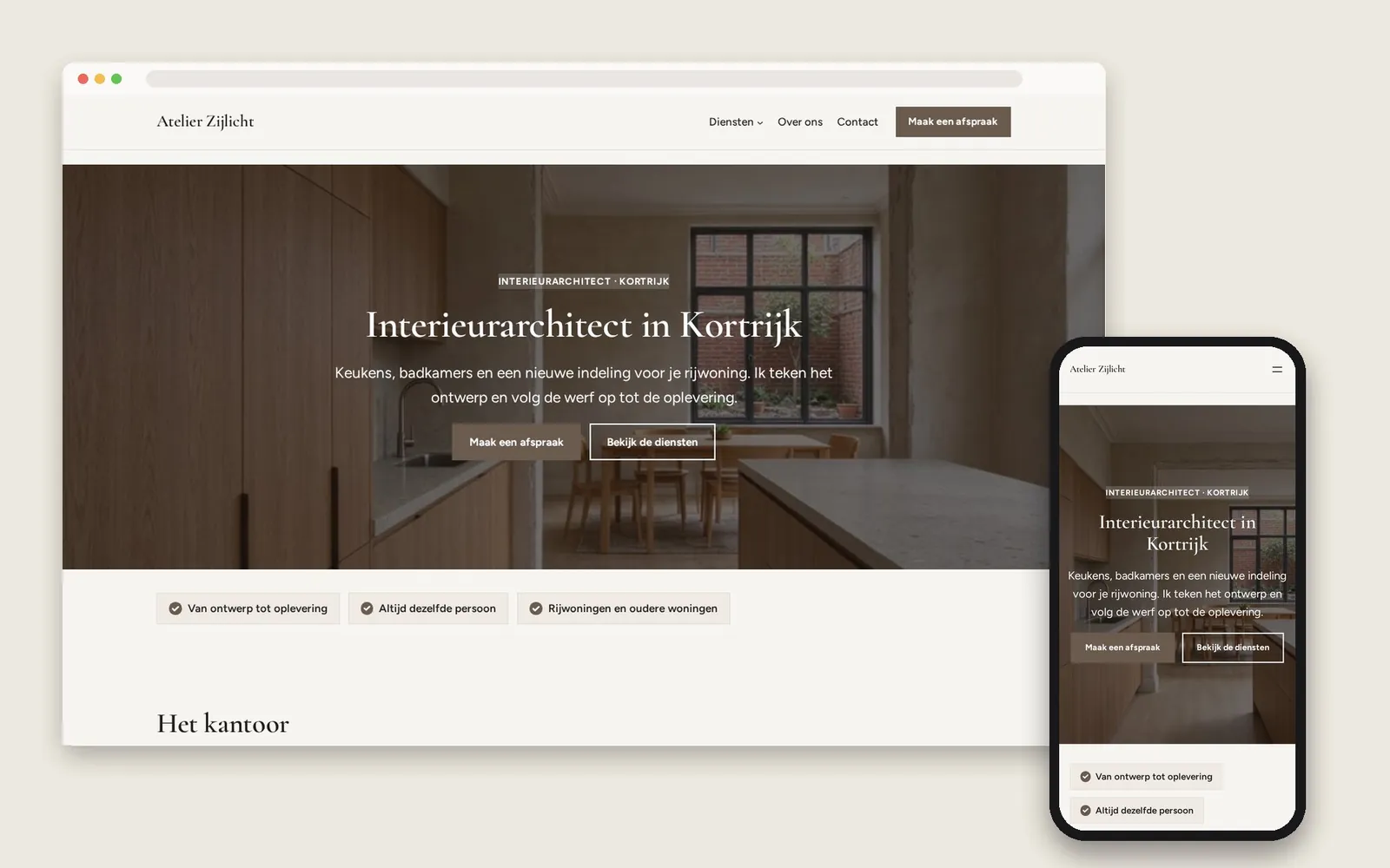 De website van Atelier Zijlicht op computer en gsm