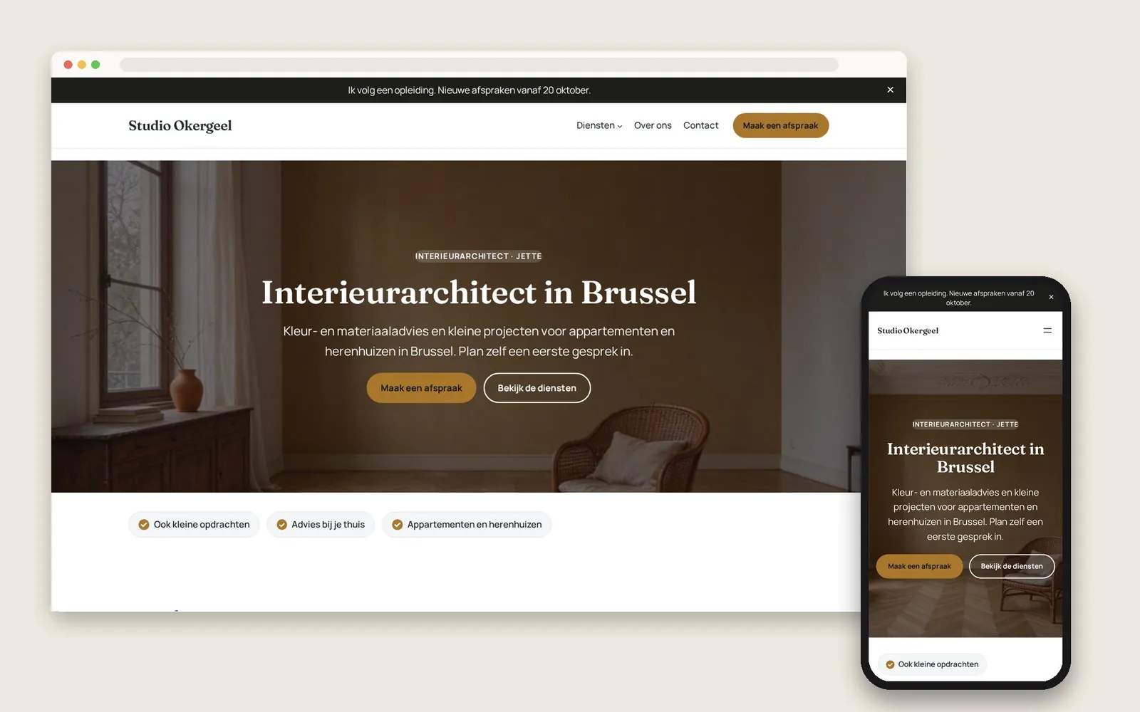De website van Studio Okergeel op computer en gsm