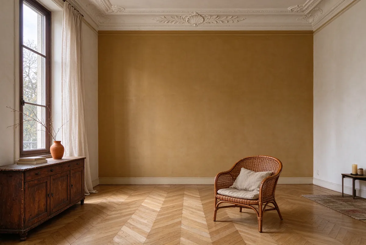 Woonkamer van een Brussels appartement met een okerkleurige muur