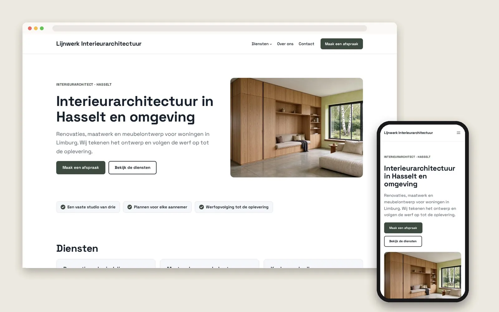 De website van Lijnwerk Interieurarchitectuur op computer en gsm