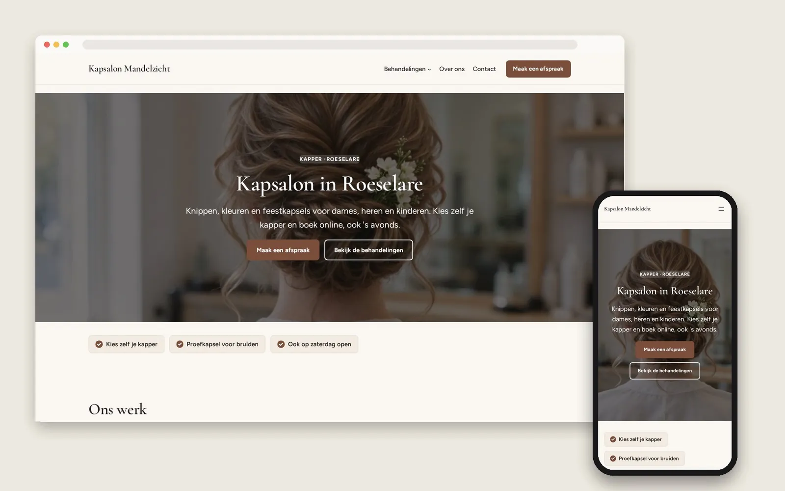 De website van Kapsalon Mandelzicht op computer en gsm