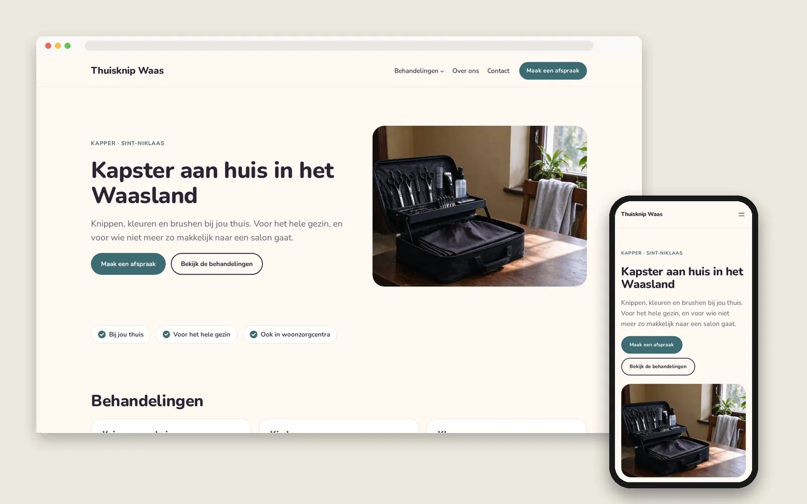 De website van Thuisknip Waas op computer en gsm