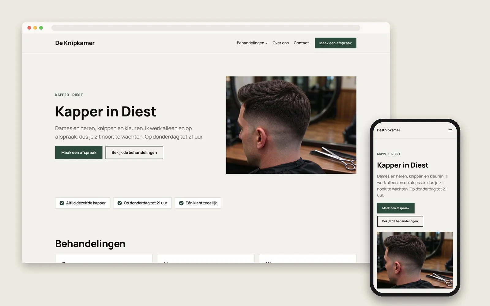 De website van De Knipkamer op computer en gsm