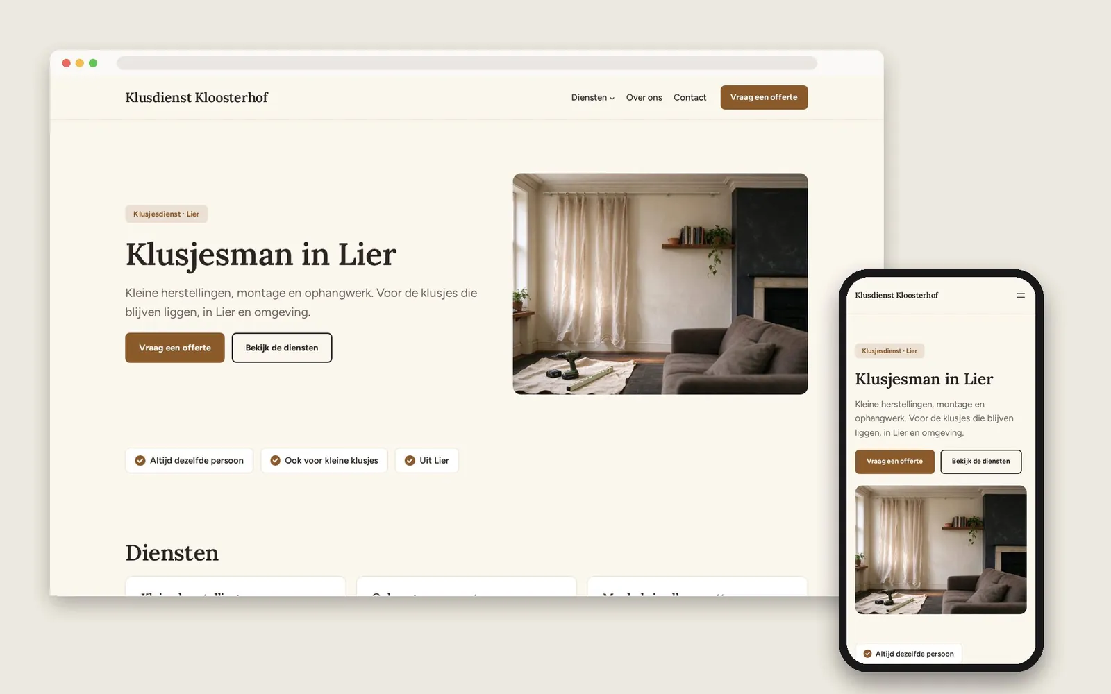 De website van Klusdienst Kloosterhof op computer en gsm