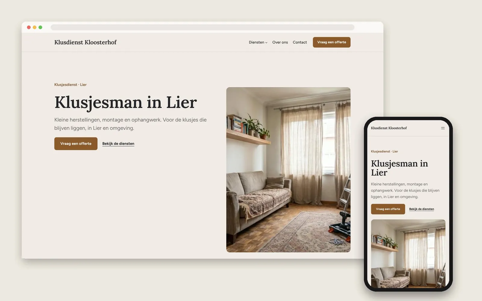 De website van Klusdienst Kloosterhof op computer en gsm