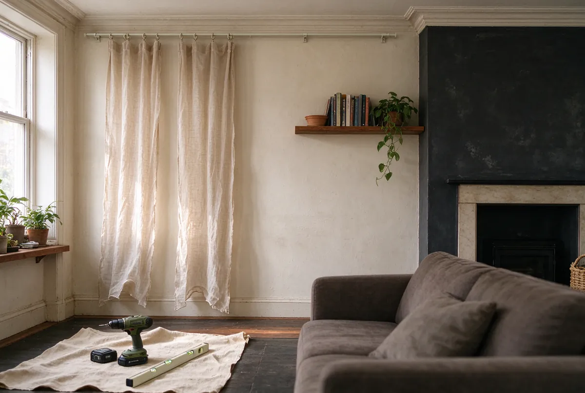 Gordijnrail en wandrekken opgehangen in een woonkamer