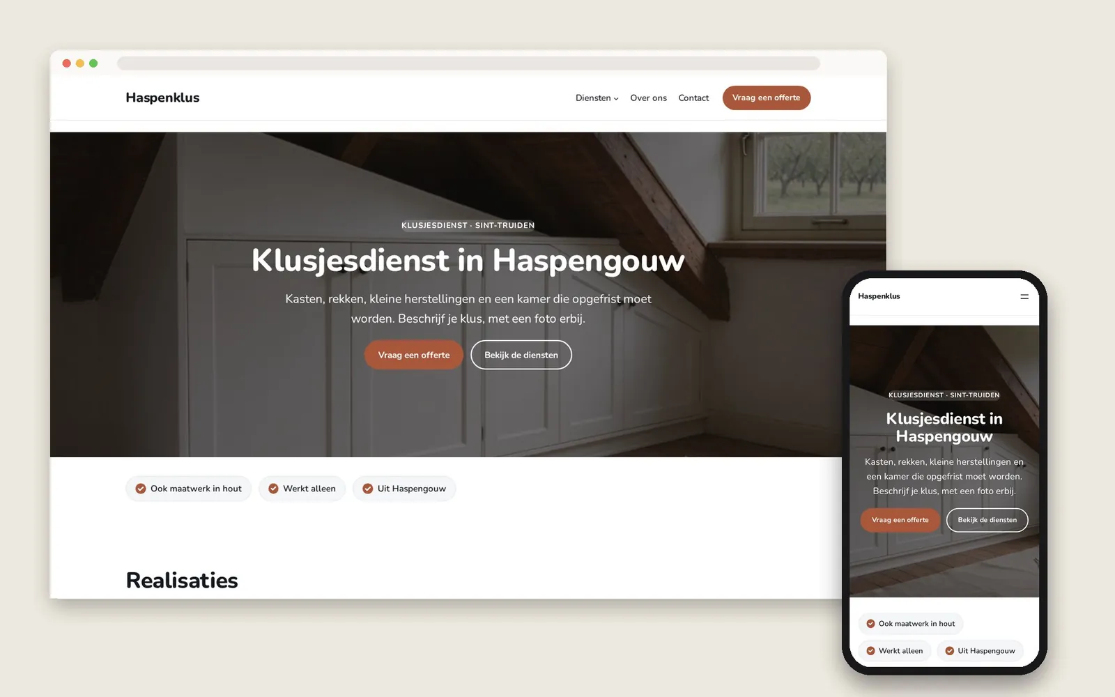 De website van Haspenklus op computer en gsm