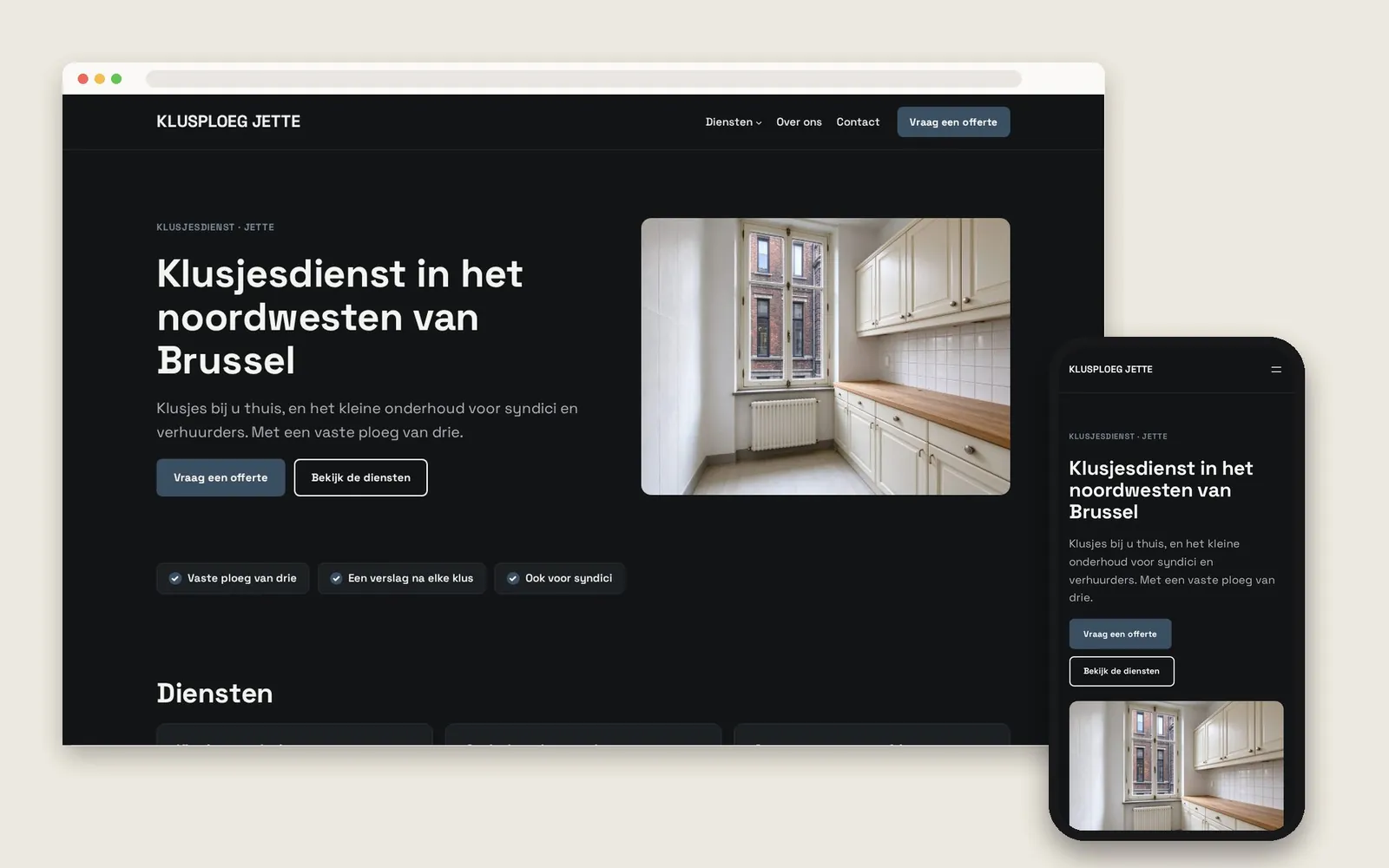 De website van Klusploeg Jette op computer en gsm