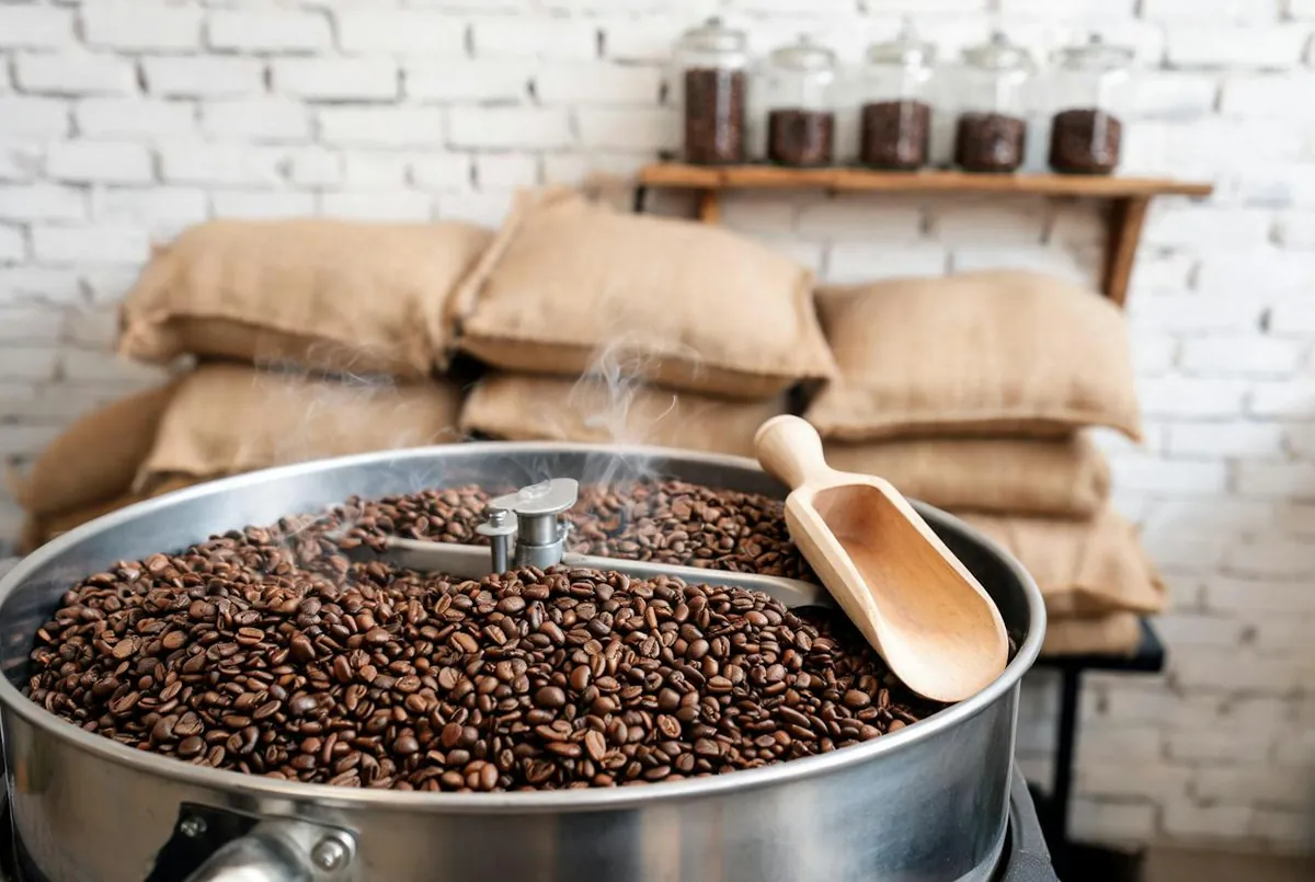 Kleine koffiebranderij met vers gebrande bonen en jutezakken met groene bonen