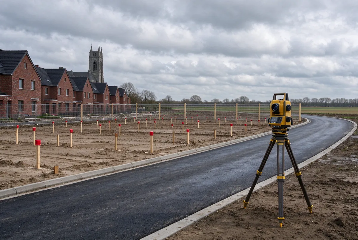 Nieuwe verkaveling met afgepaalde bouwkavels aan de rand van een dorp