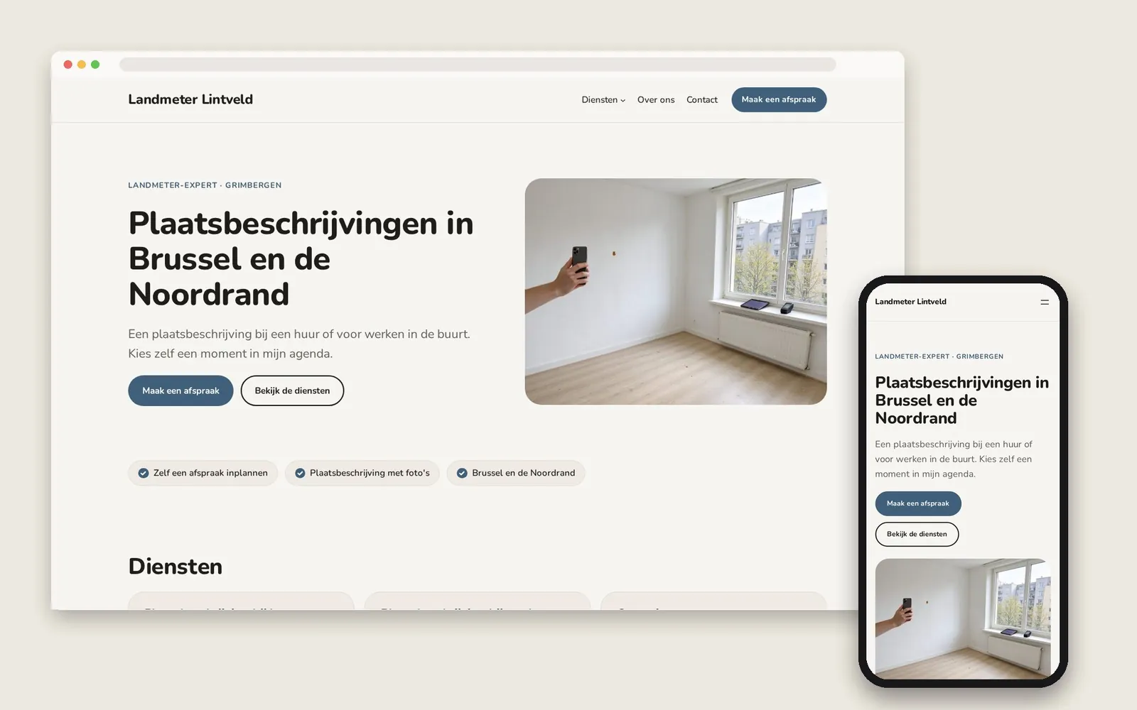 De website van Landmeter Lintveld op computer en gsm