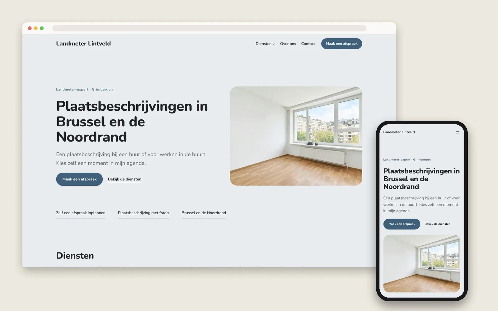 De website van Landmeter Lintveld op computer en gsm