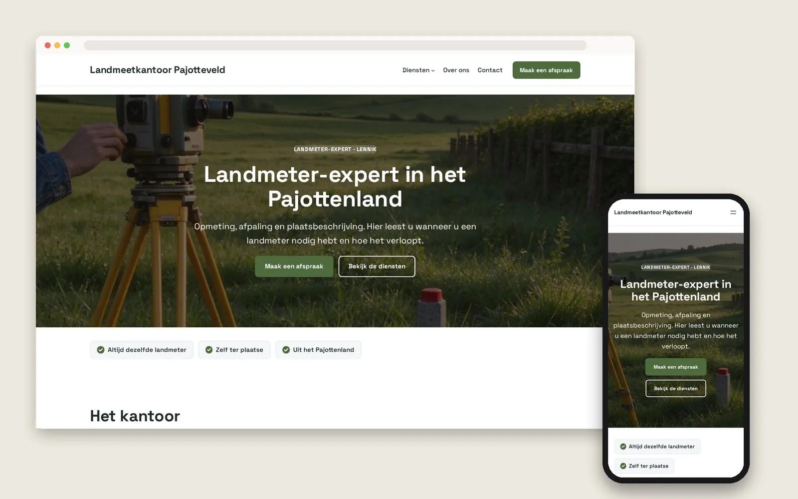 De website van Landmeetkantoor Pajotteveld op computer en gsm