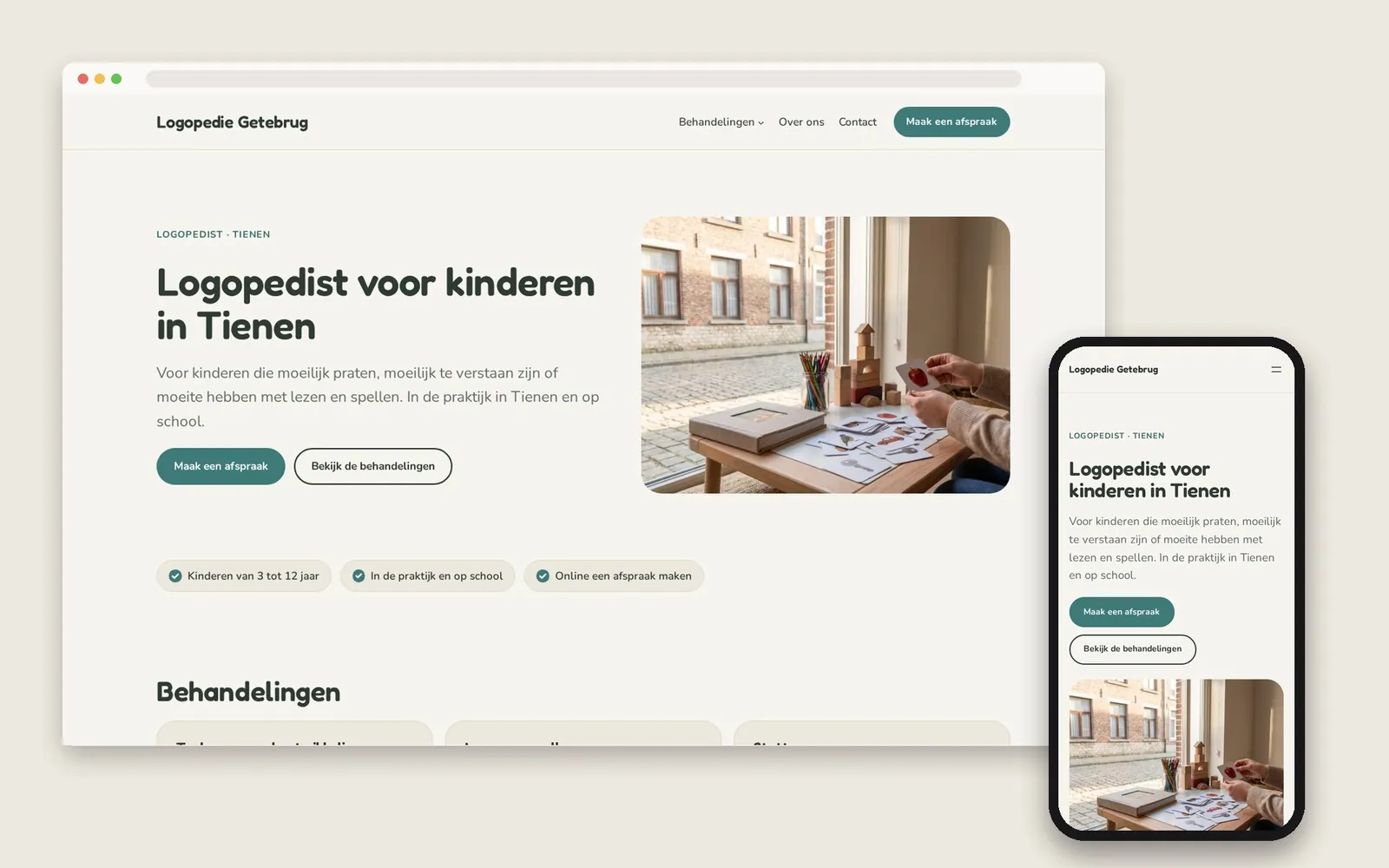 De website van Logopedie Getebrug op computer en gsm