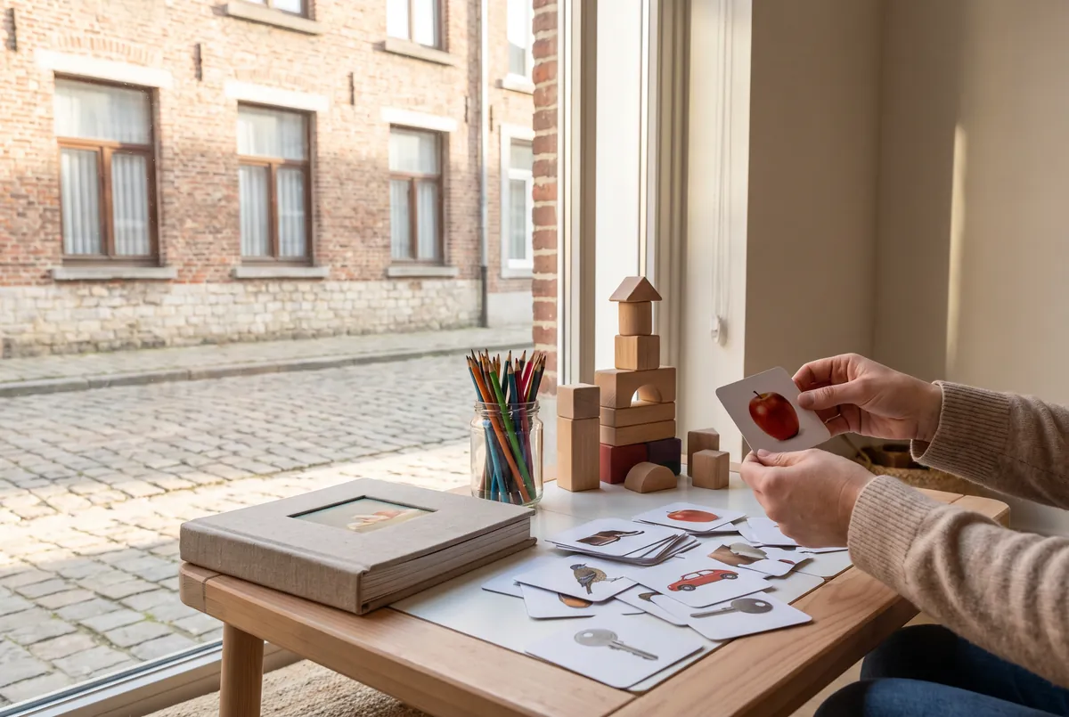 Prentkaarten en een prentenboek op een lage tafel