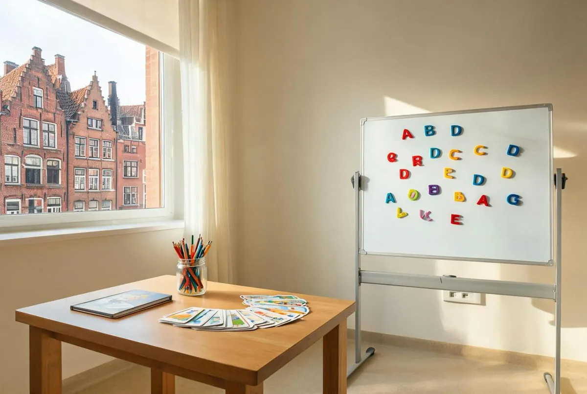 Prentkaarten en een prentenboek op een lage tafel