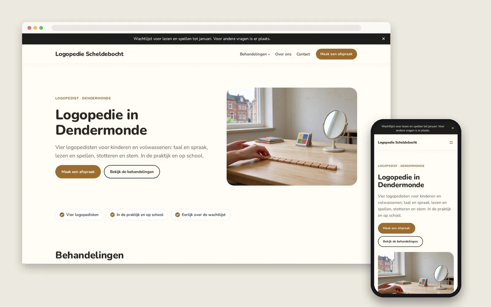 De website van Logopedie Scheldebocht op computer en gsm