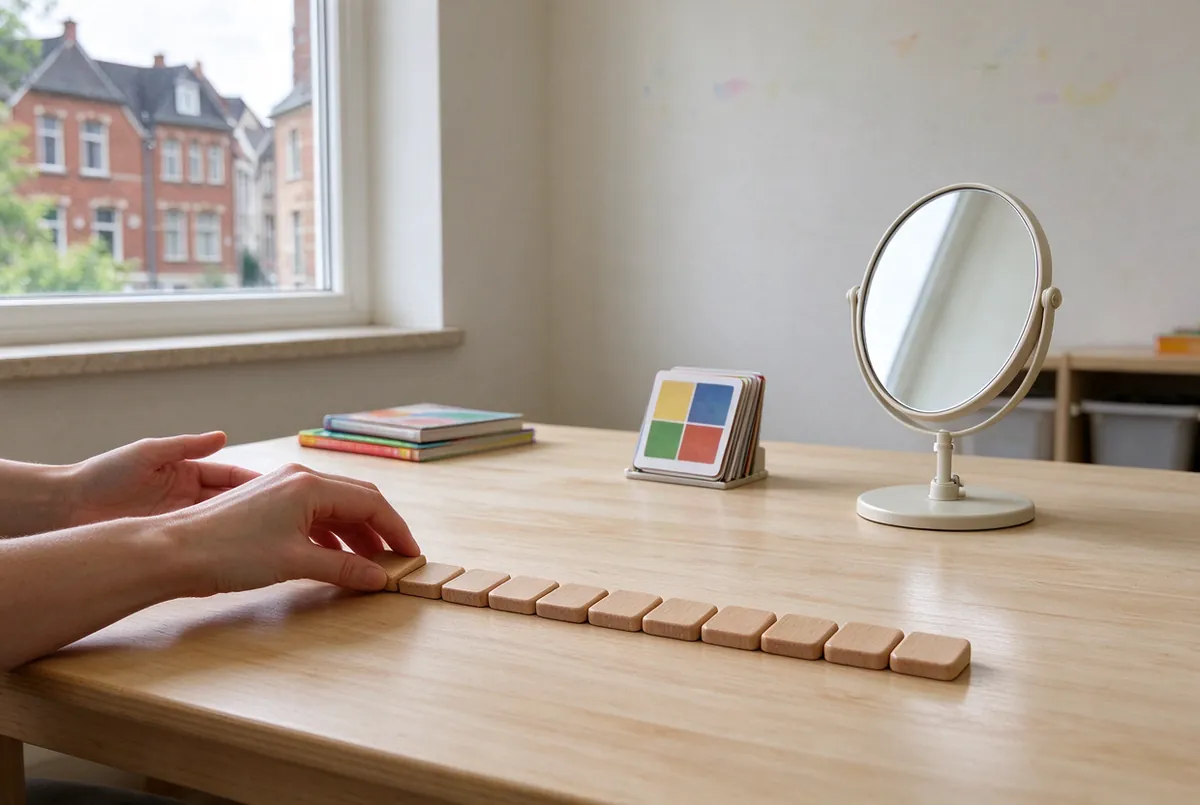 Lettertegels en prentkaarten op een tafel in de praktijk