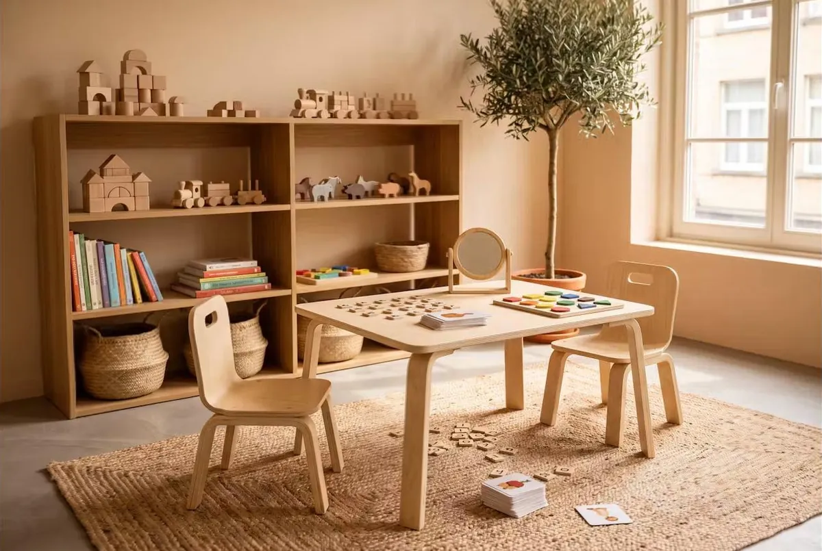 Lettertegels en prentkaarten op een tafel in de praktijk