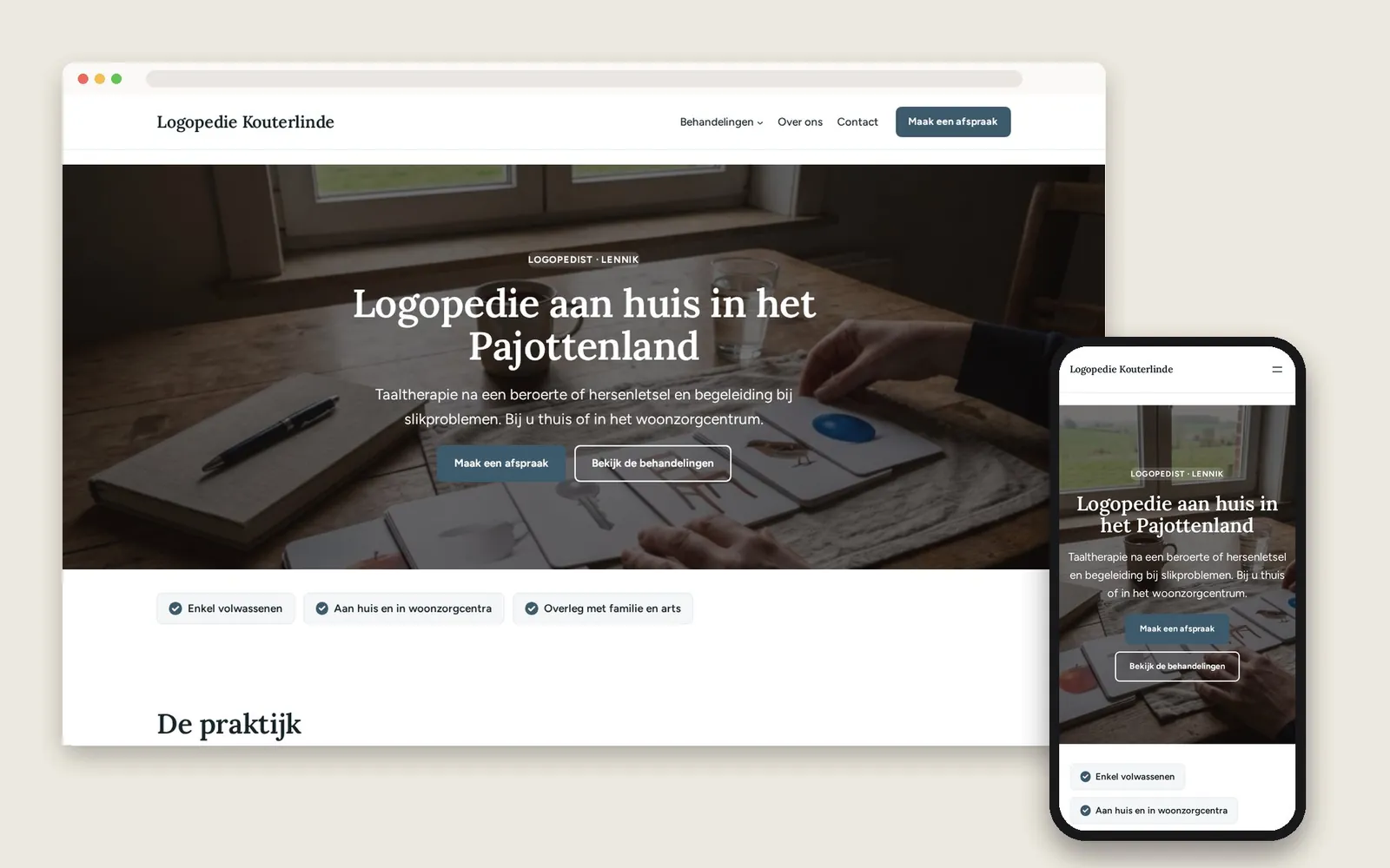 De website van Logopedie Kouterlinde op computer en gsm