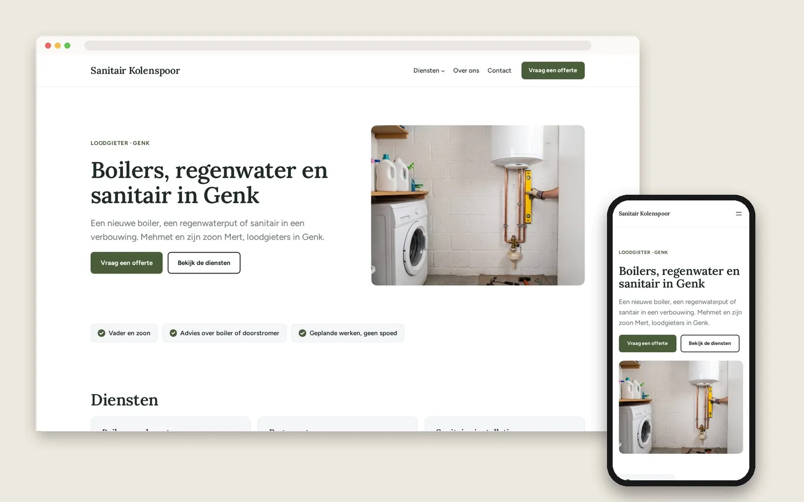 De website van Sanitair Kolenspoor op computer en gsm