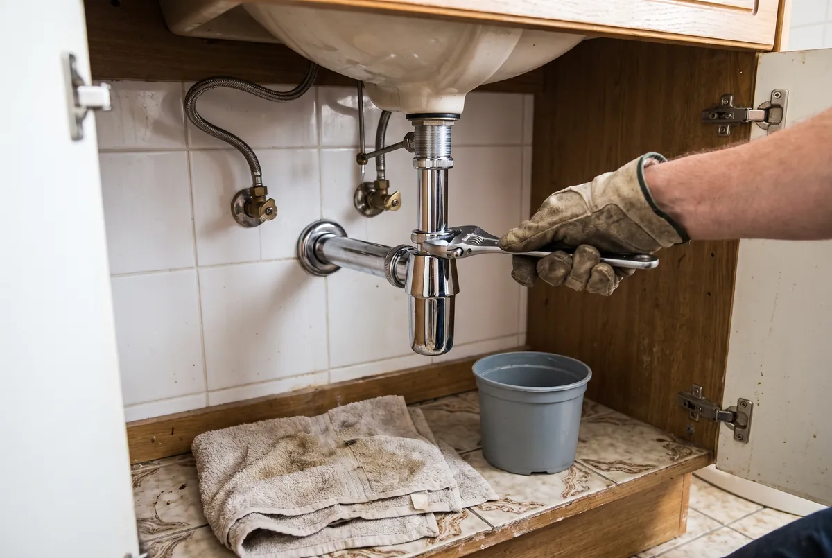 Nieuwe kraan en sifon onder een lavabo