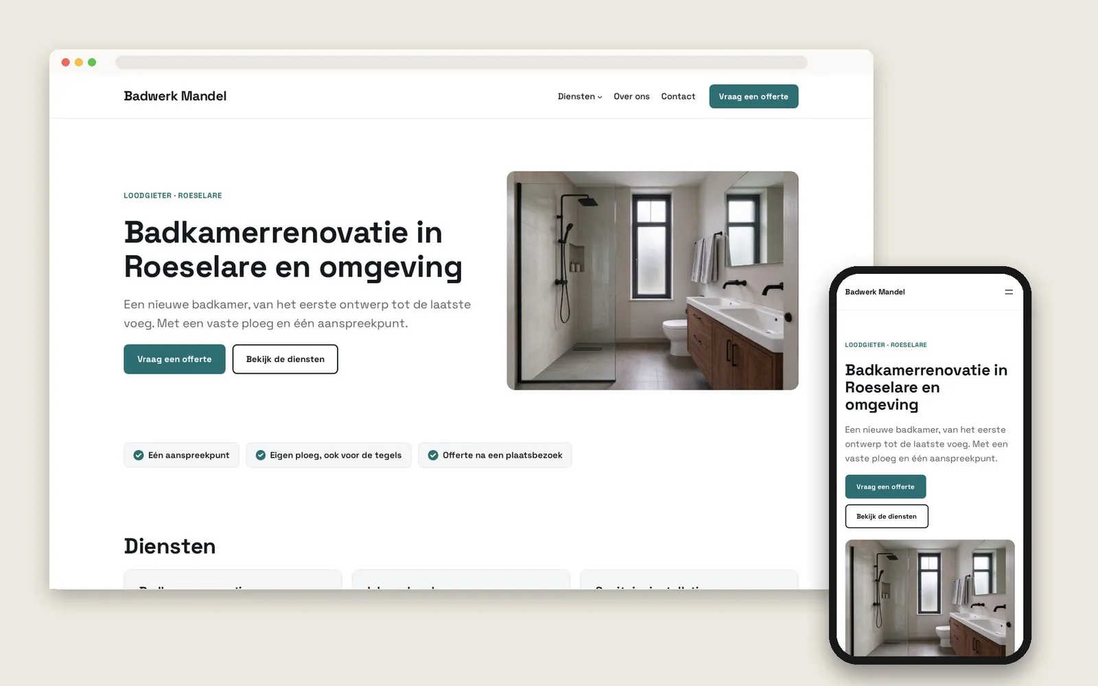 De website van Badwerk Mandel op computer en gsm