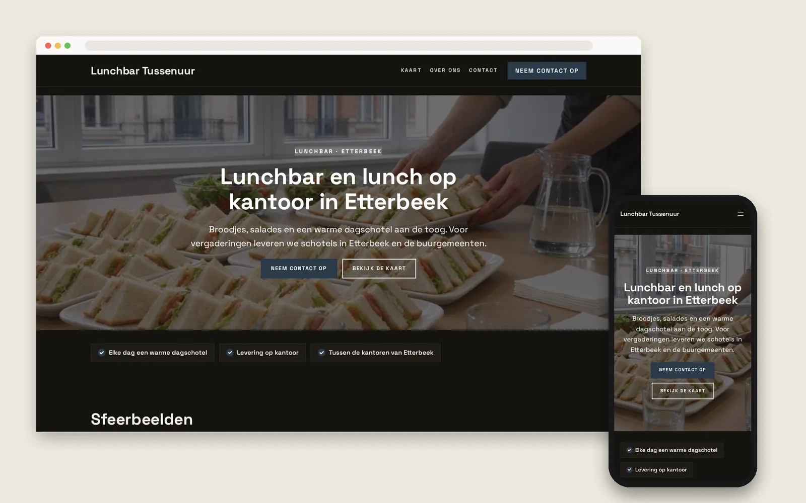 De website van Lunchbar Tussenuur op computer en gsm