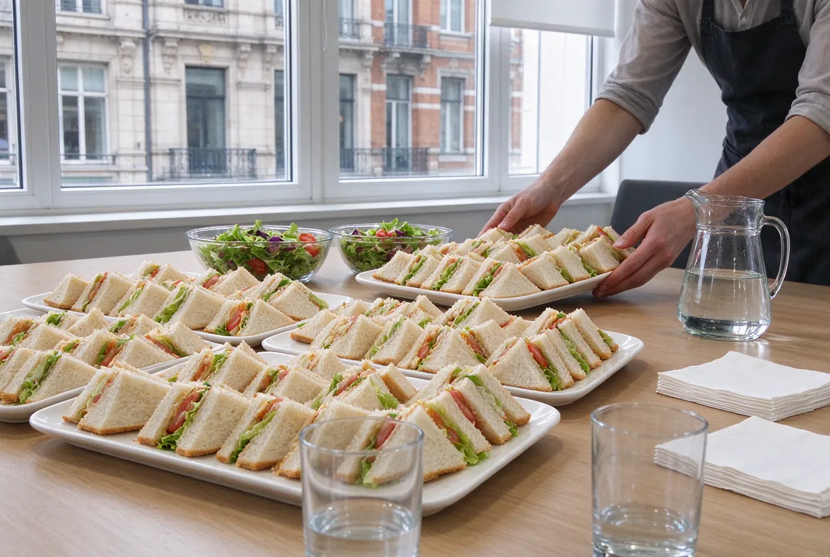 Broodjesschotels en salades op een vergadertafel in een kantoor